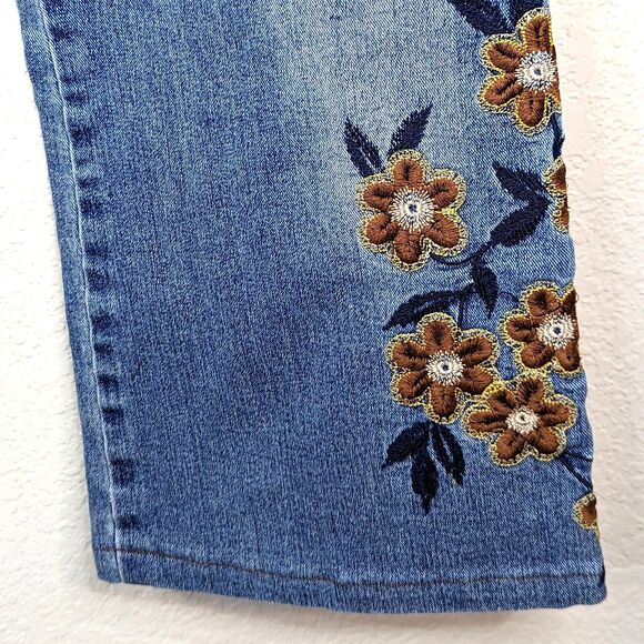 VTG 90s Y2K Mid-Rise Embroidered Floral Overlap Zipper Flare Crop Jeans Denim 30 - Picture 4 of 12